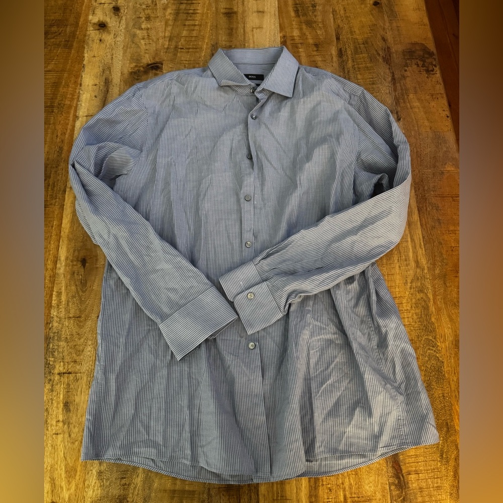 Hugo Boss Gray light blue Striped Dress Shirt top SHARP Fit 100% cotton 17 34/35